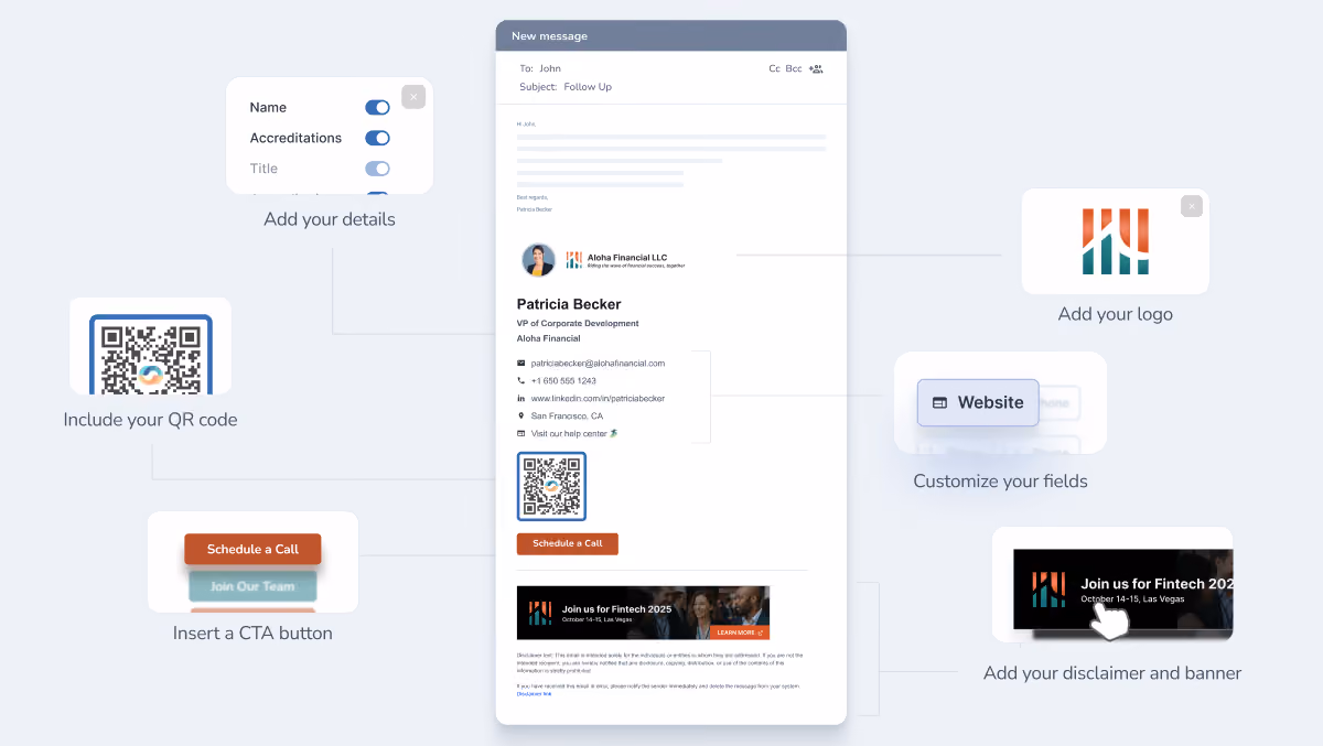 HiHello email signature editor showing logo, QR code, custom fields, CTA button, and promotional banner controls