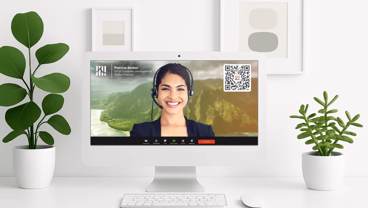 Video call with a HiHello branded virtual background showing name, title, company, and a QR code to connect