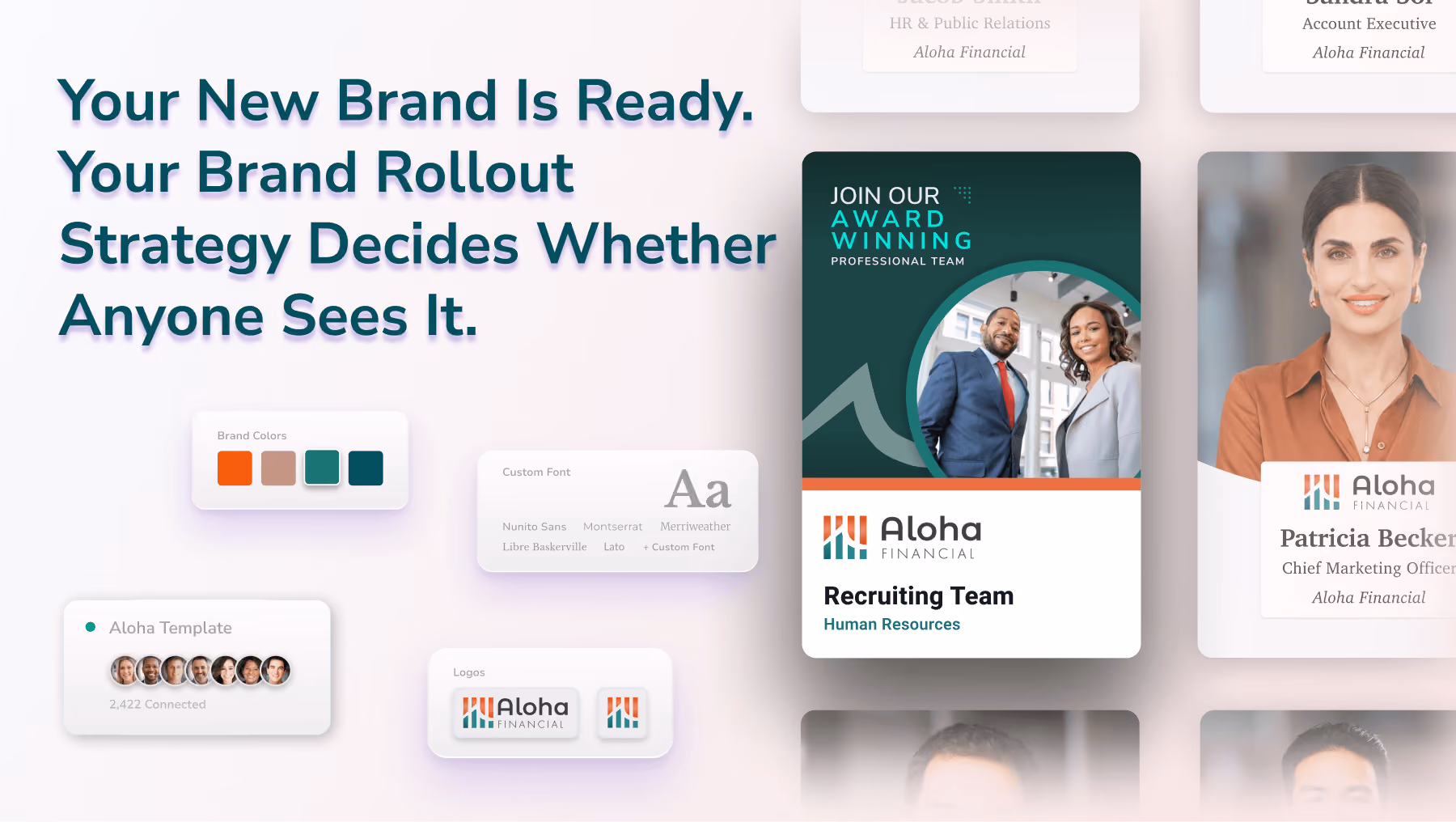Brand rollout across HiHello digital business cards, brand color palette, fonts, and logos for a company rebrand