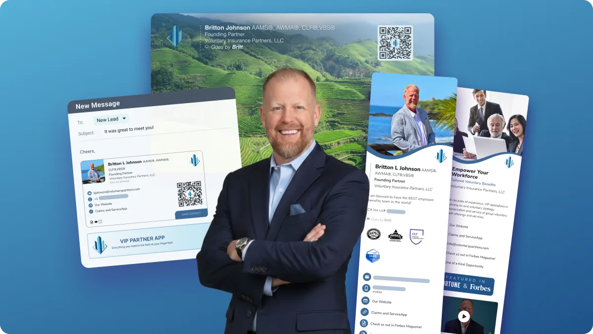 Britton Johnson's HiHello digital business card, email signature, and lead-capture email shown together on one screen