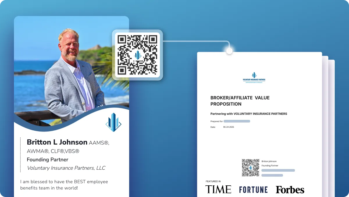 HiHello digital business card with a QR code linking to a Voluntary Insurance Partners broker value-proposition PDF