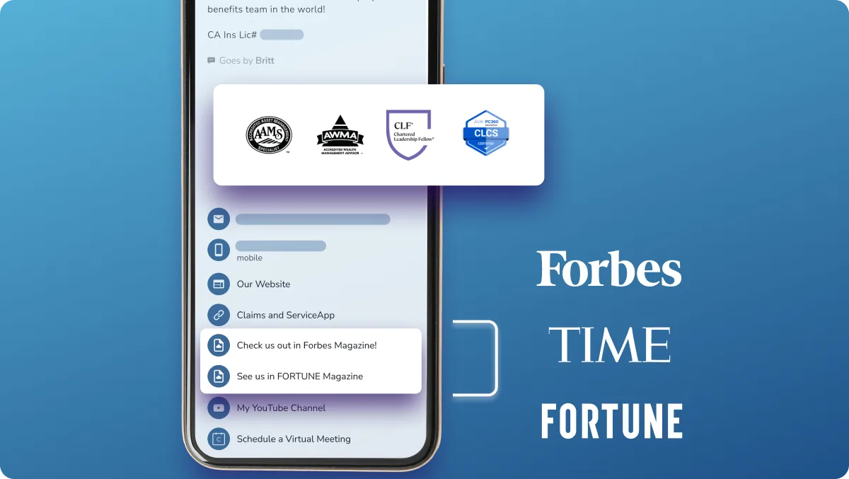 HiHello digital business card featuring AAMS, AWMA, CLF, and CLCS credential badges plus Forbes, TIME, and Fortune press links