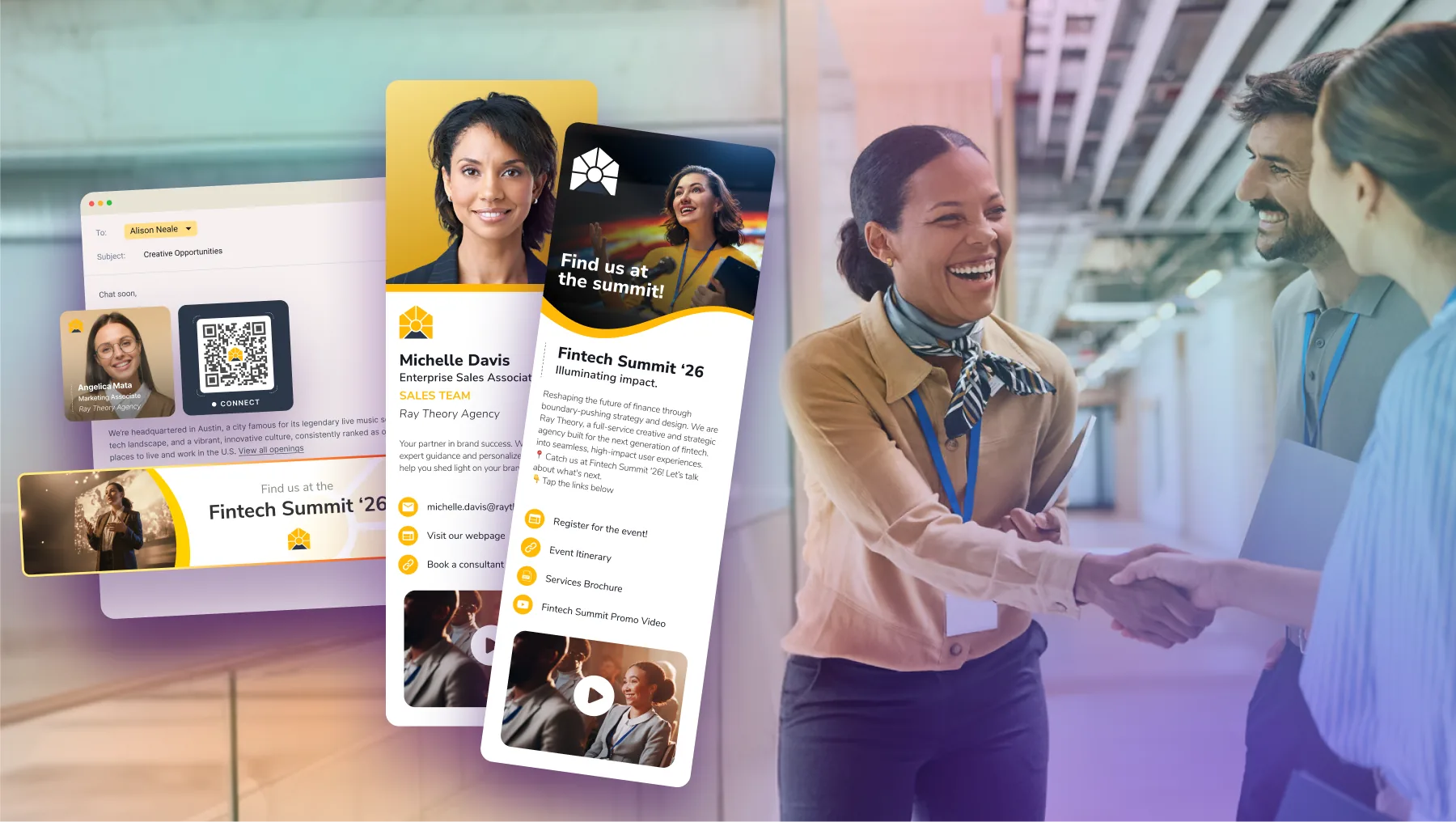 HiHello digital business card, email signature, and event card shown beside two people networking at a conference