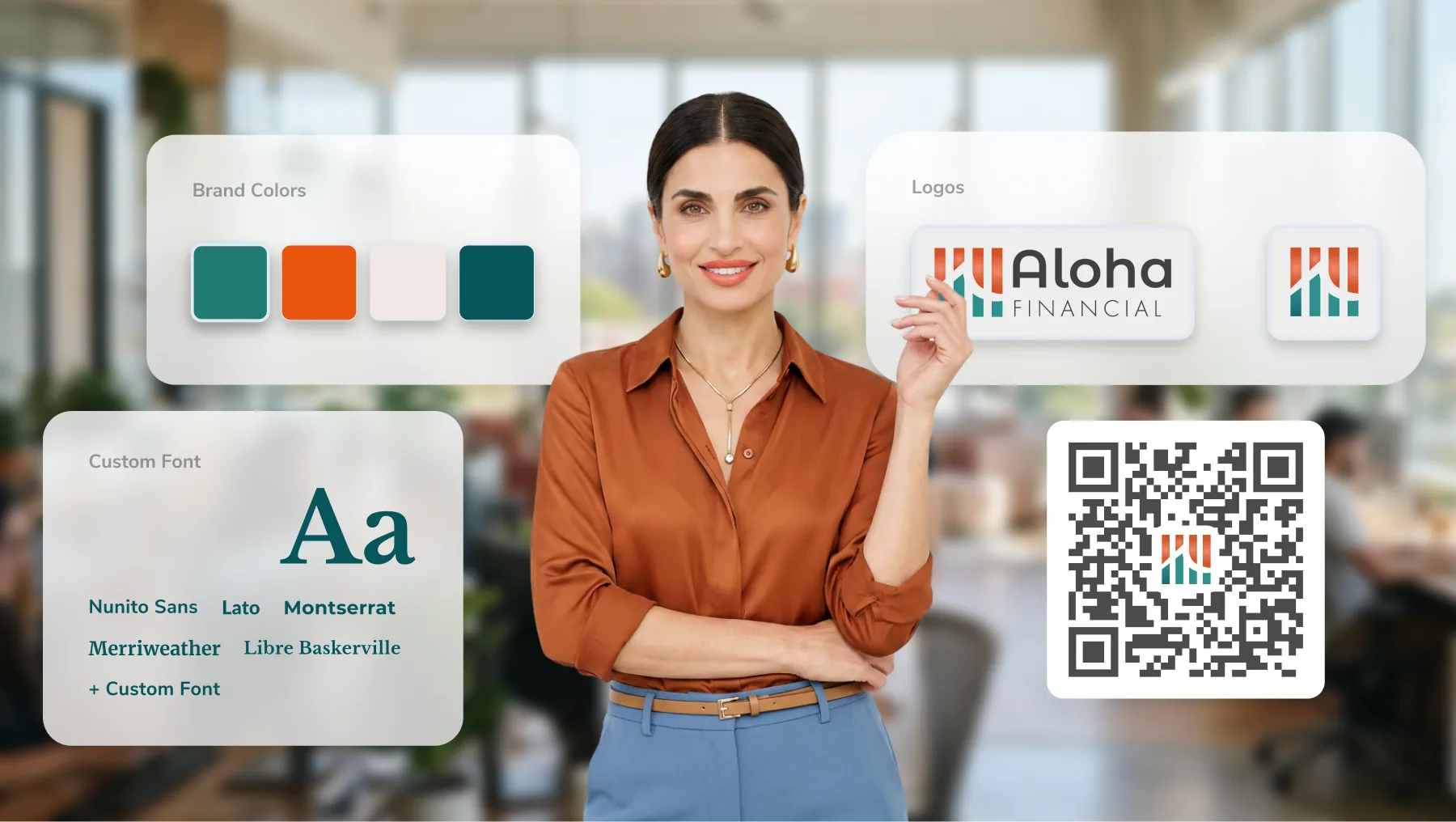 HiHello Enterprise custom branding with brand colors, logos, custom fonts, and a branded QR code