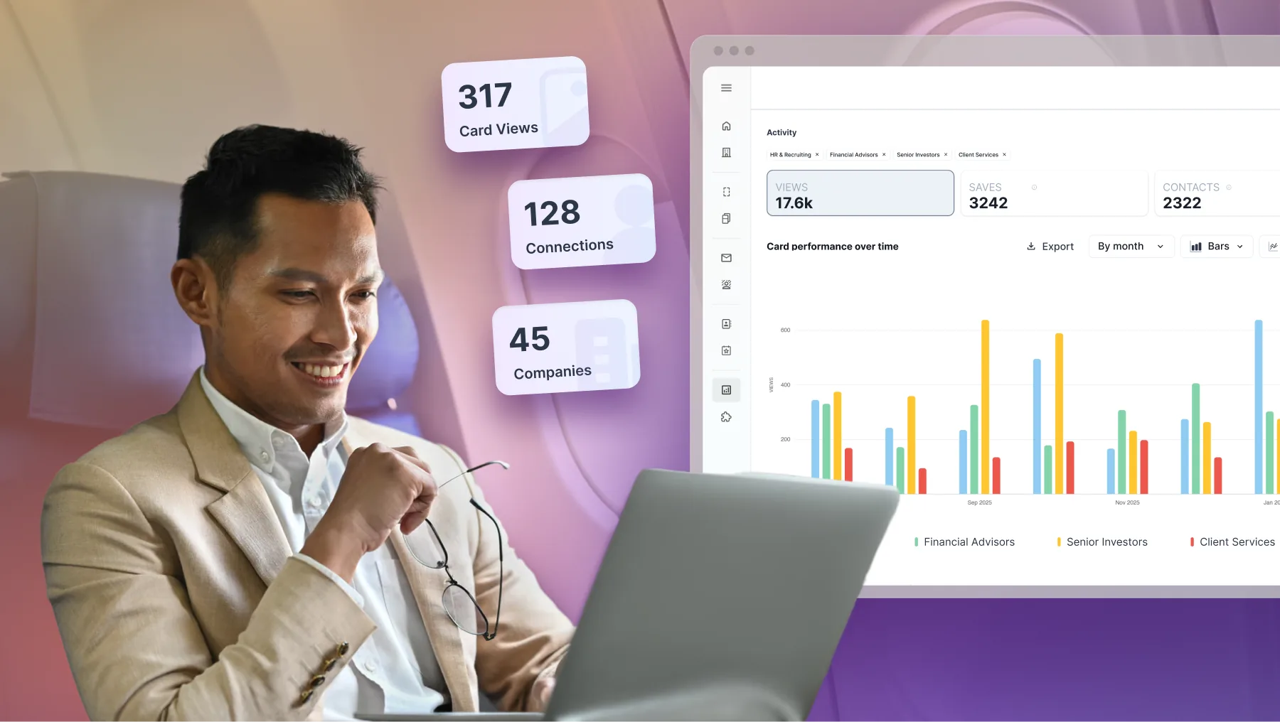 HiHello analytics dashboard showing card views, saves, and contacts by team over time