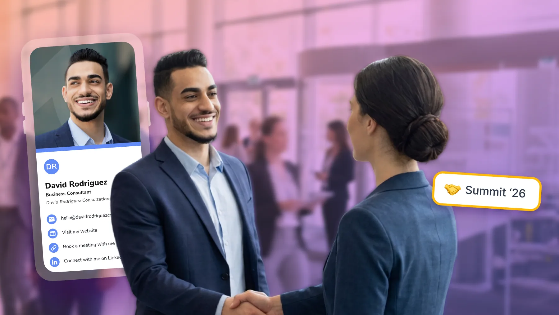 Professional HiHello digital business card with meeting and LinkedIn links, shared at a summit handshake