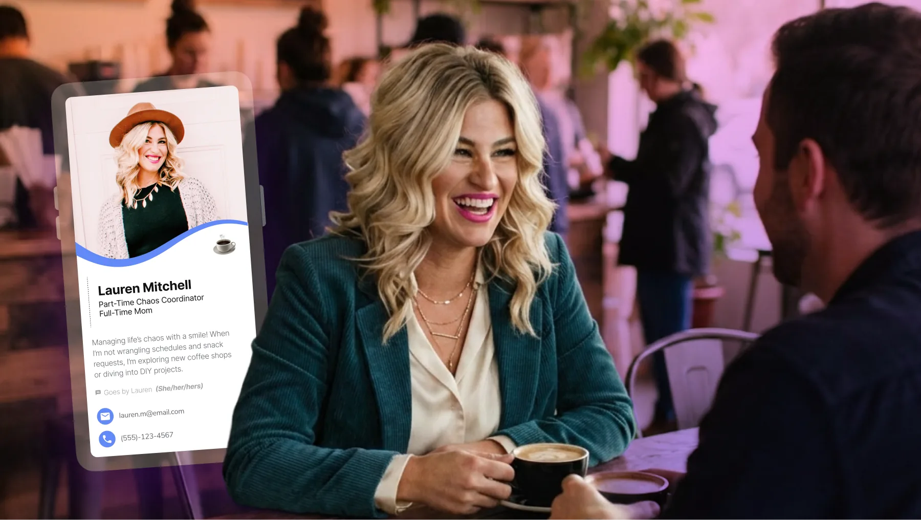 Personal HiHello digital business card with a custom bio and pronouns, shared over coffee