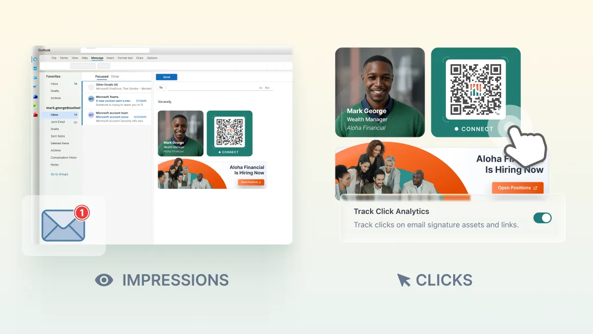 Outlook email signature with a QR code and hiring banner, and a toggle enabling click tracking on signature links