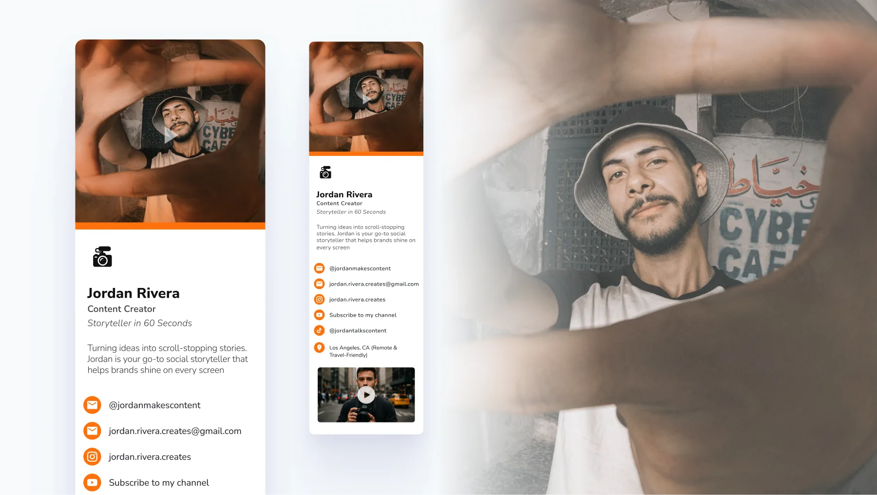 HiHello digital business card for content creator Jordan Rivera, shown on desktop and mobile with social links