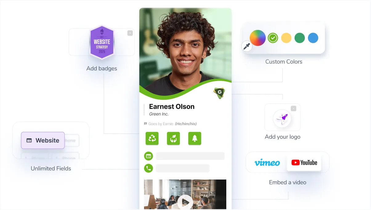 HiHello digital business card customized with brand colors, badges, logo, and an embedded video.