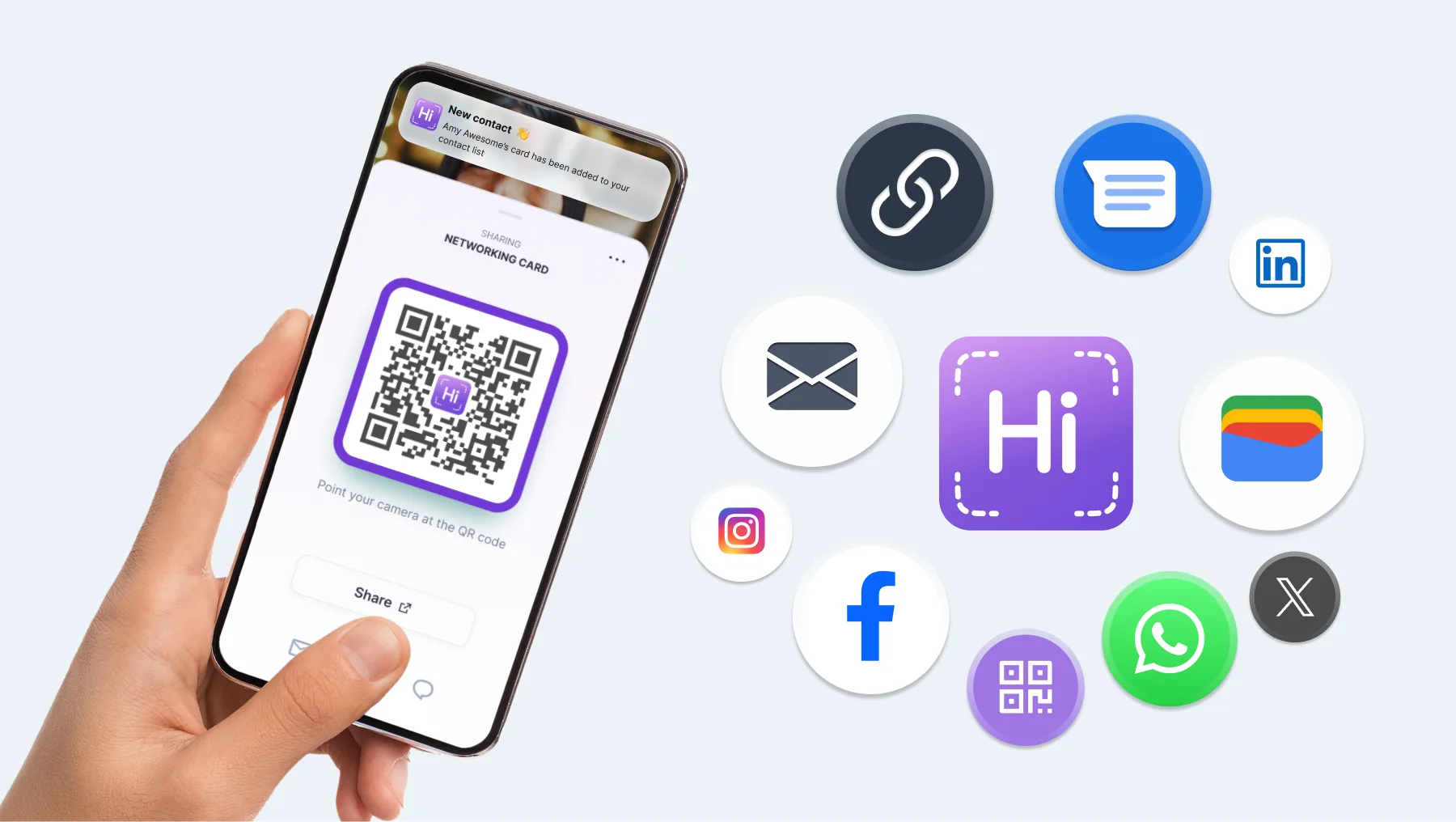 HiHello digital business card QR code with sharing options for wallet, email, social, and messaging apps.