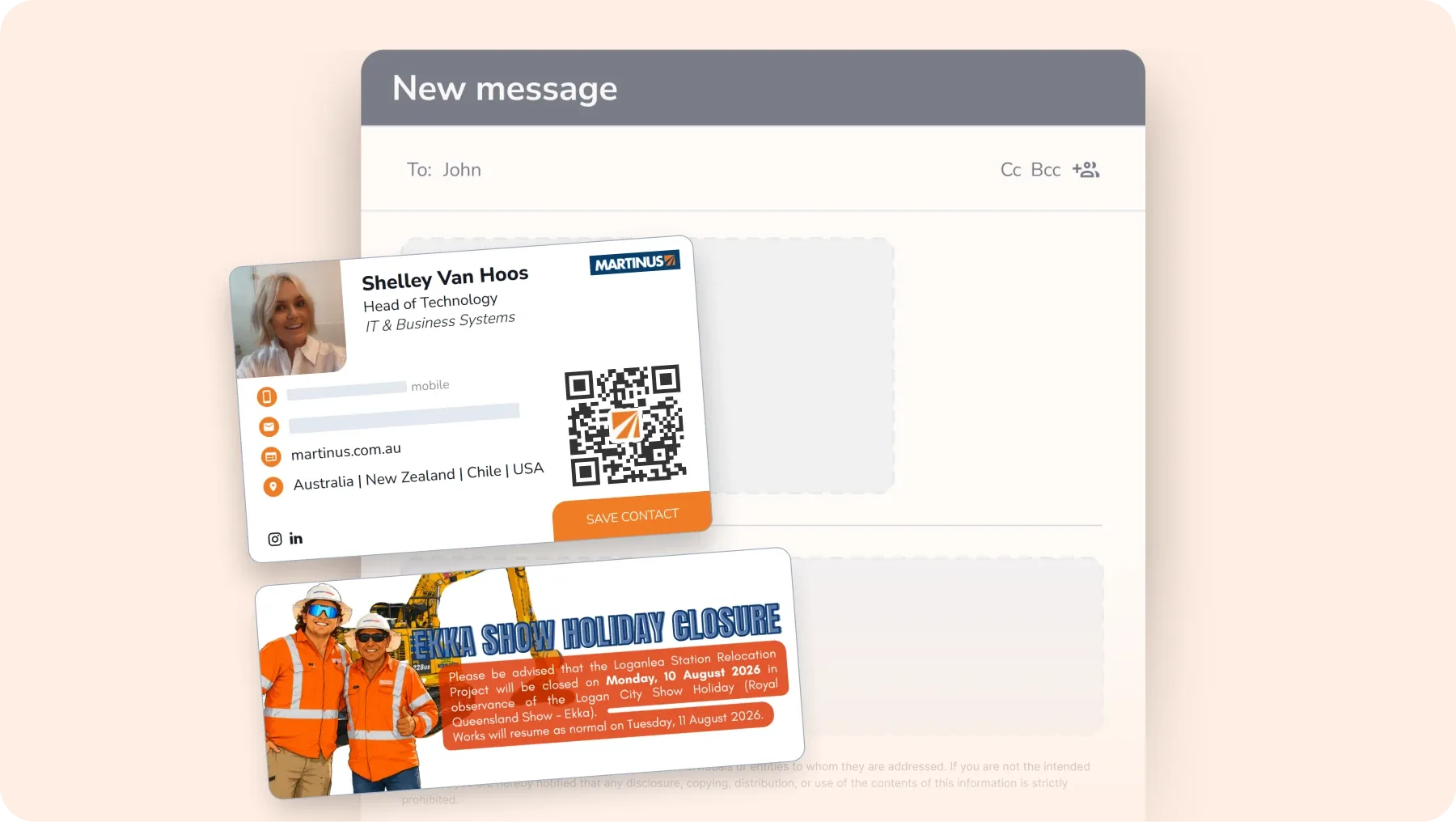 Martinus HiHello email signature with QR code and Ekka Show holiday closure banner in a new email