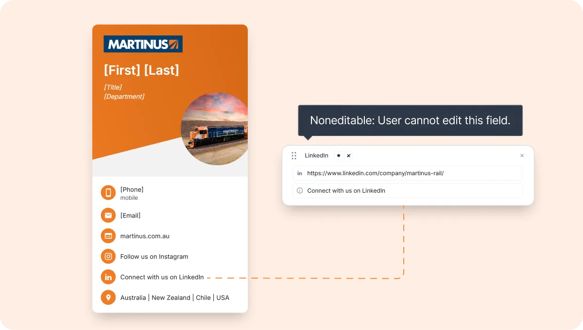 Martinus HiHello digital business card template with a locked LinkedIn field employees can't edit