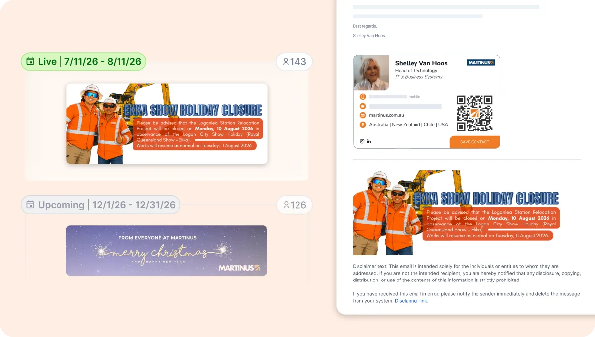 Scheduled HiHello email signature banners: a live holiday closure notice and an upcoming Christmas banner