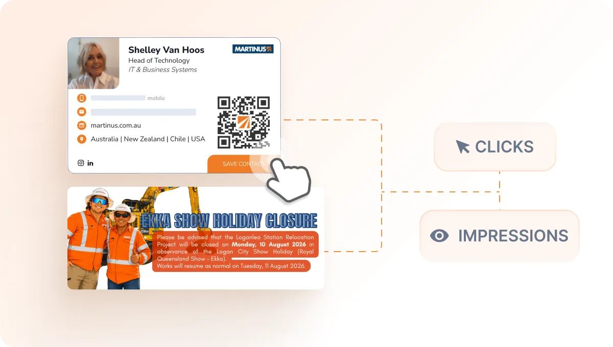 HiHello email signature and banner with click and impression tracking on the Save Contact button