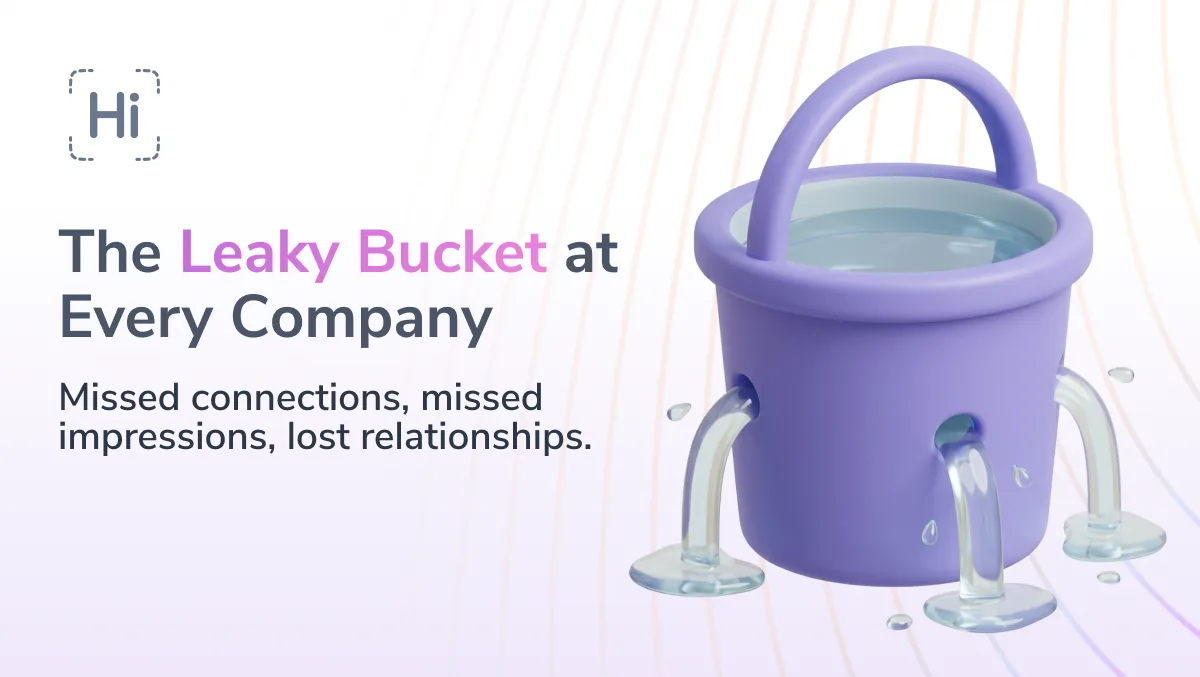 Purple bucket leaking water from several holes, illustrating the missed connections and lost relationships at every company