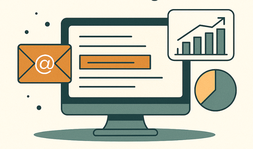 Email marketing strategy illustration with inbox and charts.