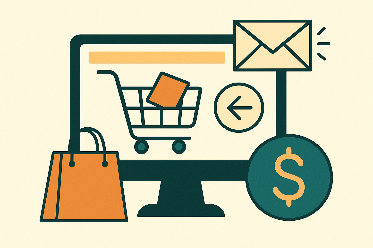 Flat illustration of online shopping cart recovery through email and SMS automation.