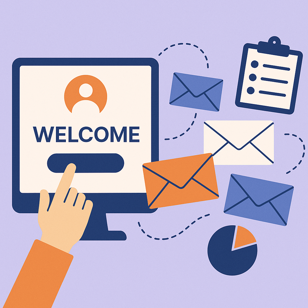 Illustration showing email marketing strategy and welcome series setup.