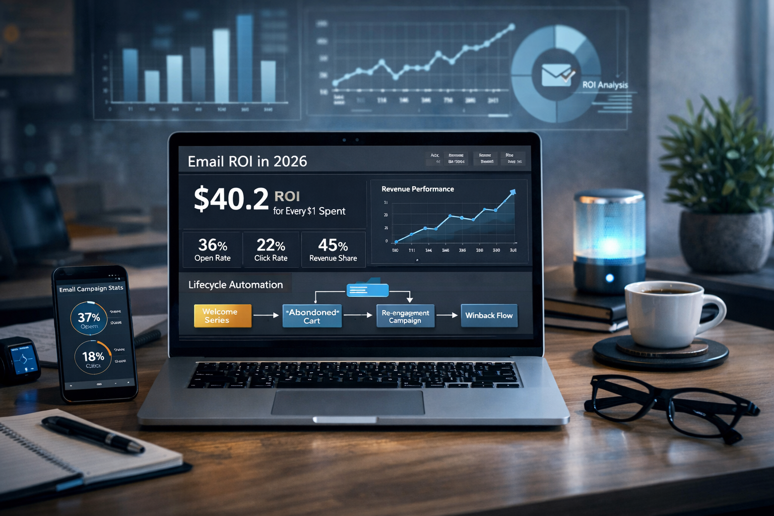 Modern email marketing analytics dashboard showing ROI metrics and lifecycle automation flows