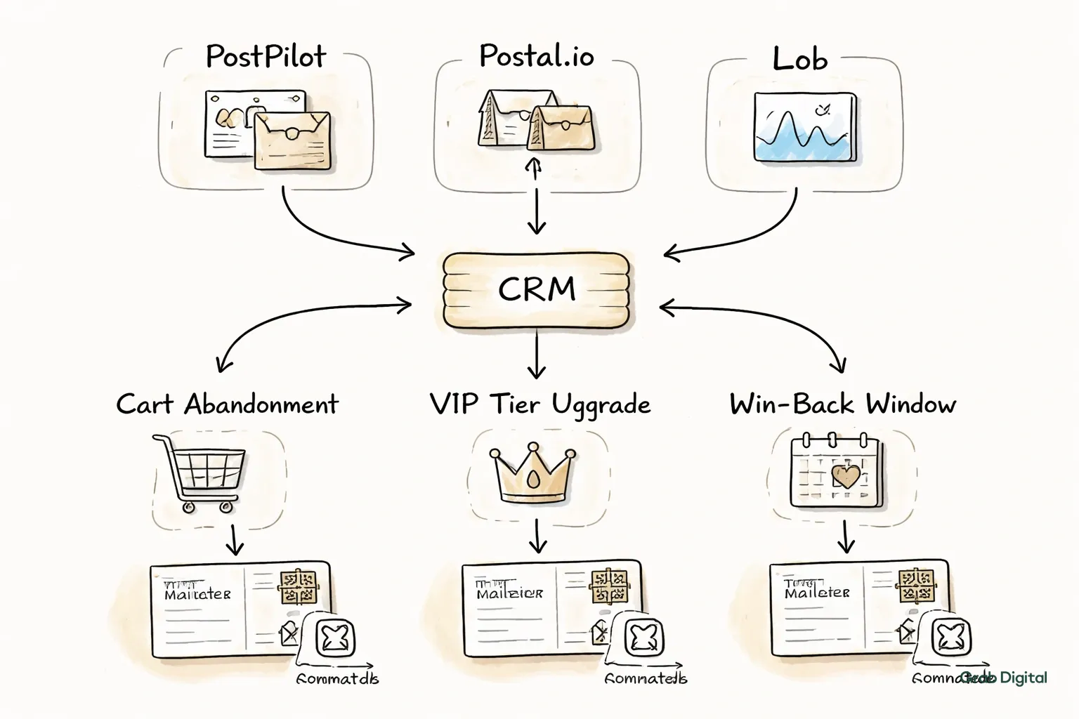 Hand-drawn line art flowchart on a light gray #efefef background showing the integration of Direct Mail tools (PostPilot, Postal.io, Lob) with a CRM to automate targeted physical mail triggers such as cart abandonment, VIP tier upgrade, and win‑back windows, using the site accent color #efece5 for highlights and connector lines.