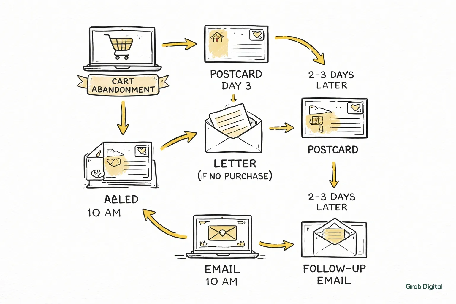 Line art flowchart showing a multi‑step direct mail and email sequence with timelines and accents in #efece5 on a #efefef background.