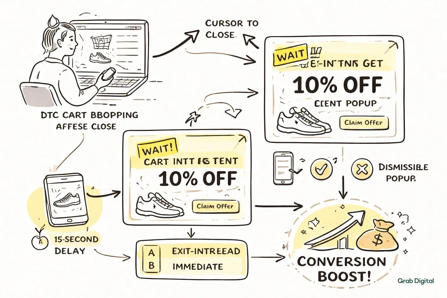 Flowchart showing the steps of an exit-intent popup: shopper browsing, cursor heading to exit, popup offering discount and personalized product, mobile-friendly and dismiss options, A/B test variations, leading to increased conversions.