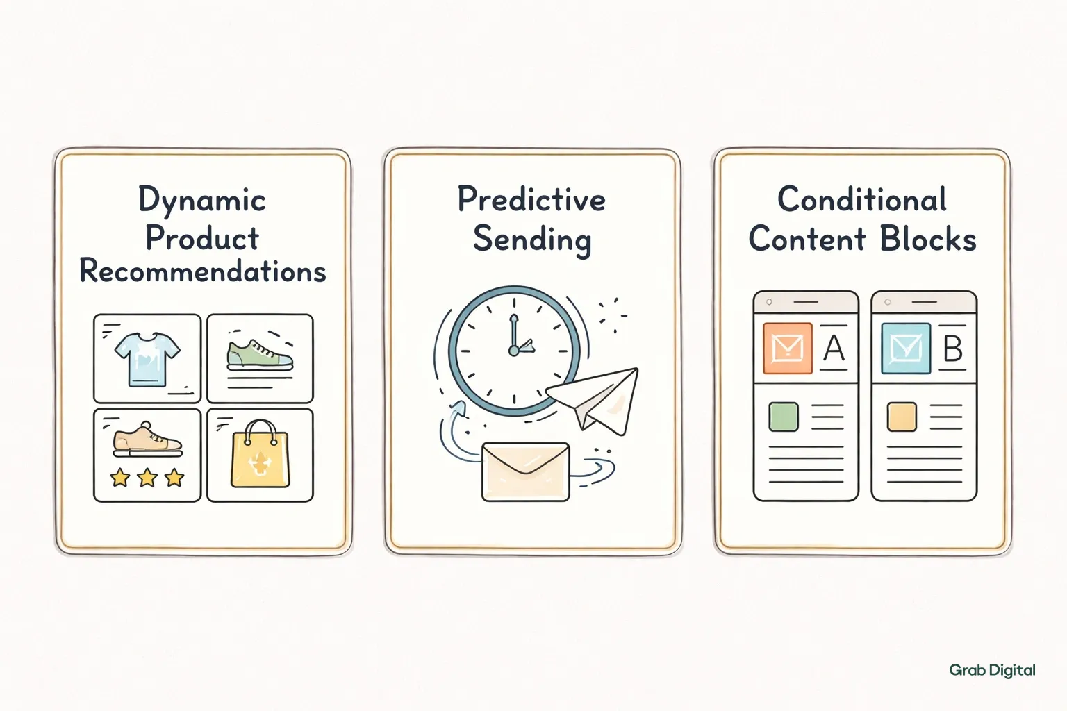 Three hand-drawn line‑art cards on a #efefef background, each highlighted with accent #efece5, illustrating advanced e‑commerce email tactics: Dynamic Product Recommendations, Predictive Sending, and Conditional Content Blocks.
