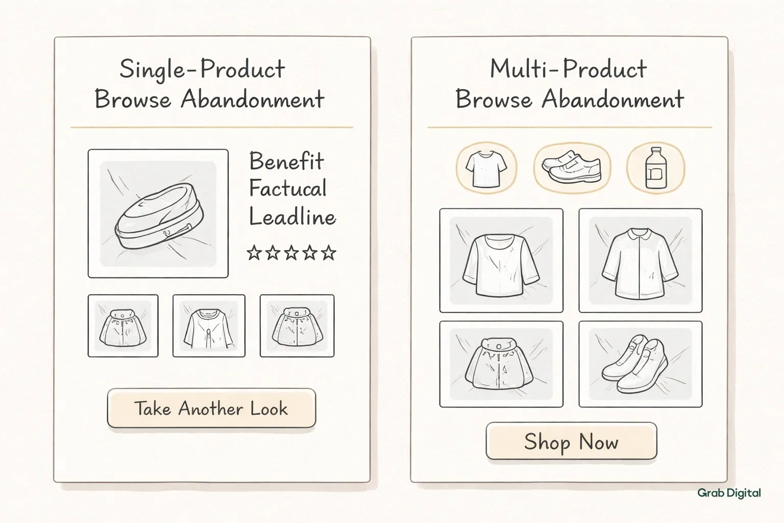 Hand-drawn line art card layout illustrating single-product and multi-product browse abandonment email campaign examples on a light gray background with accent color highlights.