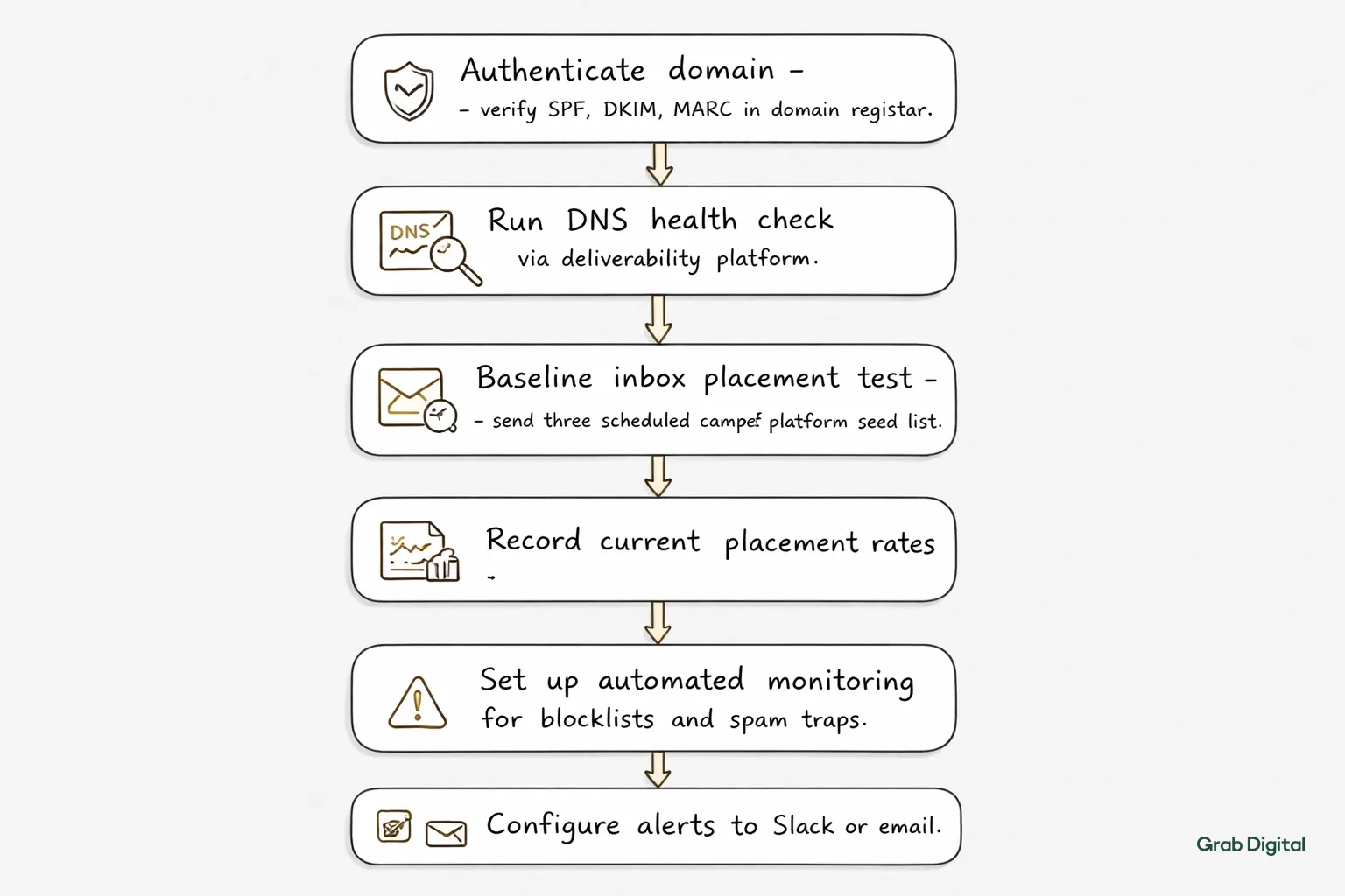 Hand-drawn line art flowchart on a #efefef background with #efece5 accents, illustrating step-by-step implementation of email deliverability for DTC brands.