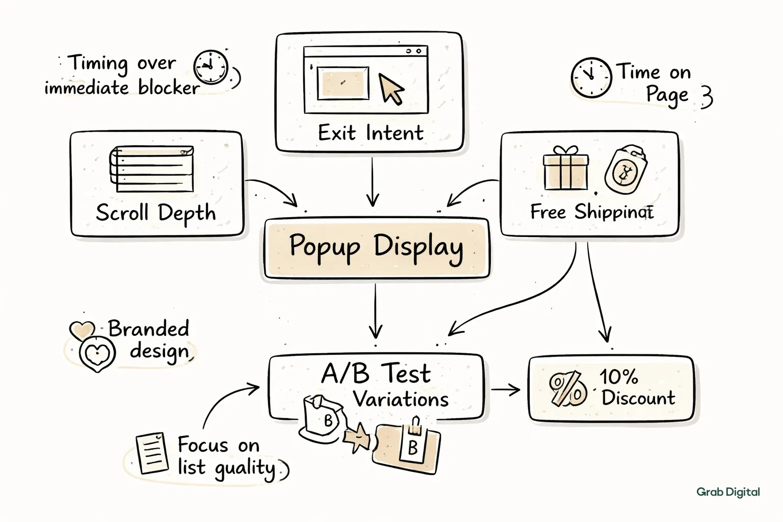 Hand-drawn line art flowchart on a light gray background showing optimal popup triggers and best practices for Shopify/Klaviyo integration