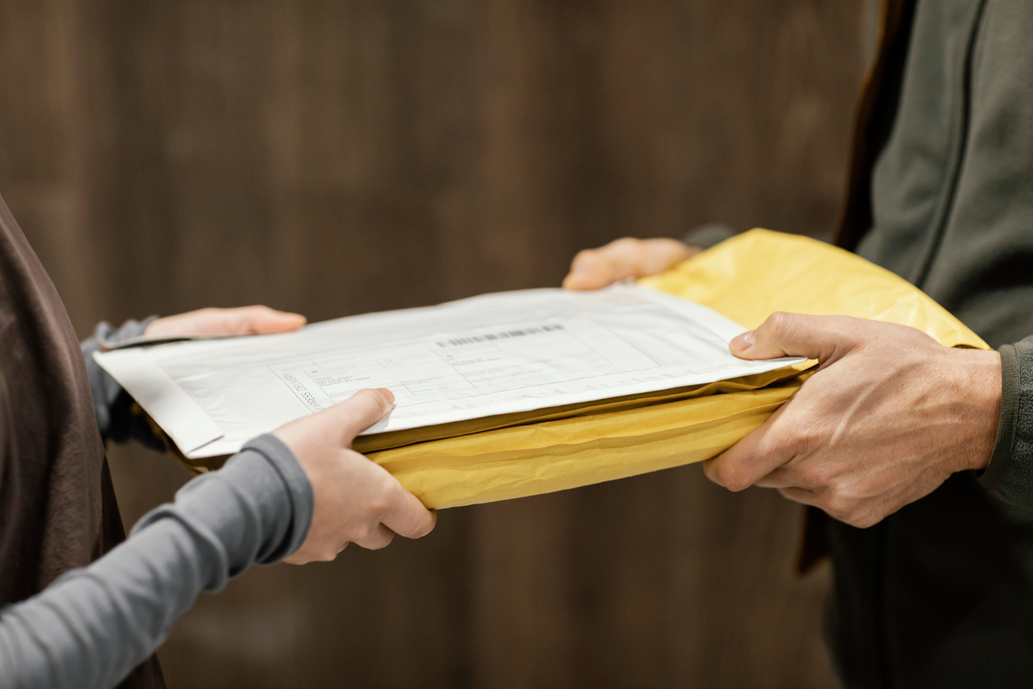 Alt text: A man is handing over a sealed envelope to a woman.