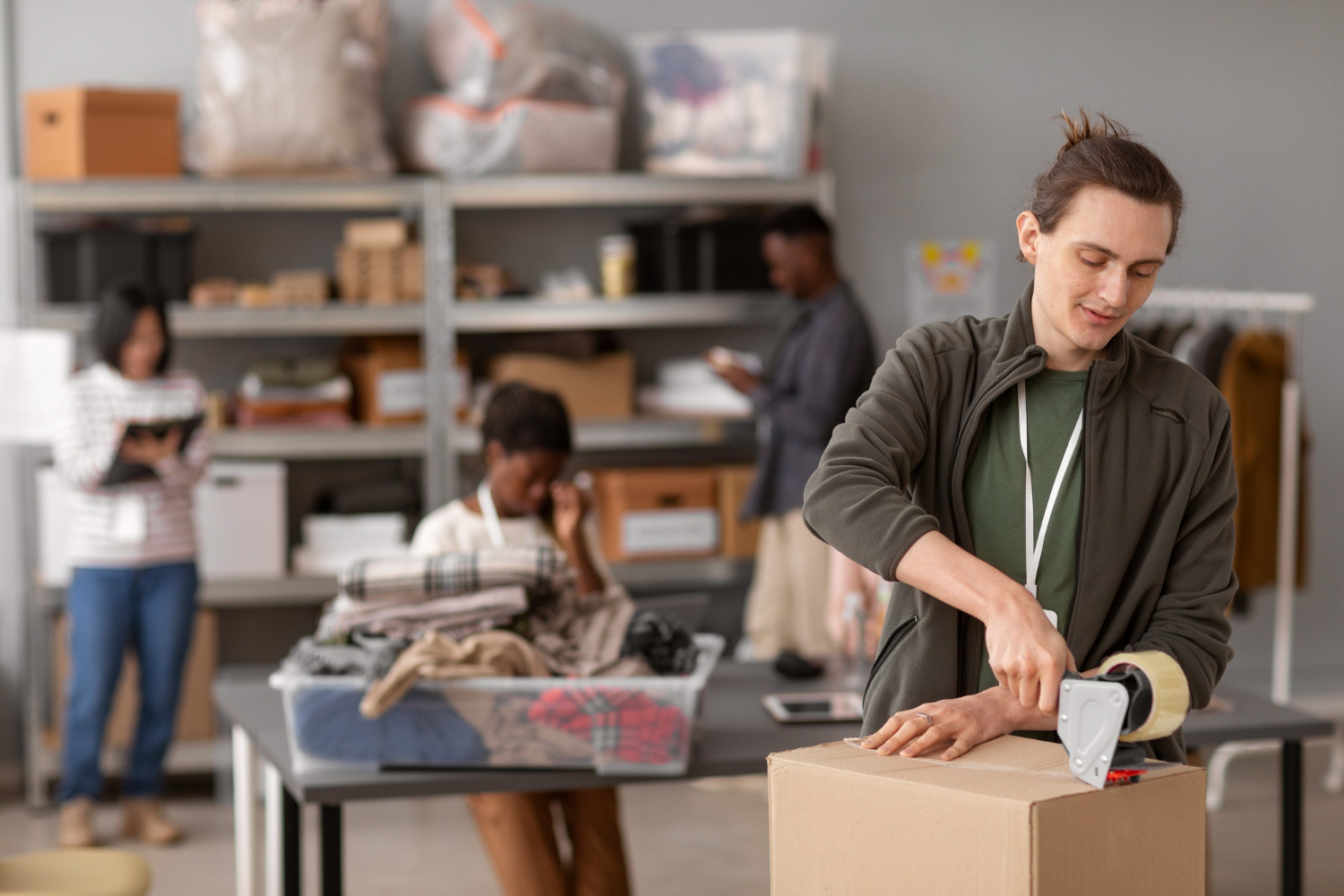 Alt text: Person wrapping a box in a reseller’s warehouse.