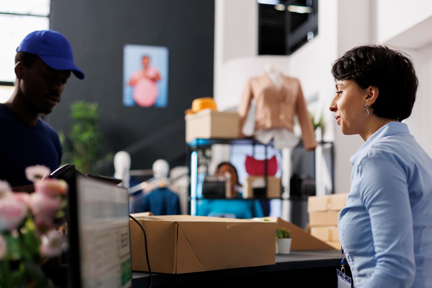 Alt text: Store manager talking about delivery with a courier, preparing packages in a modern boutique.