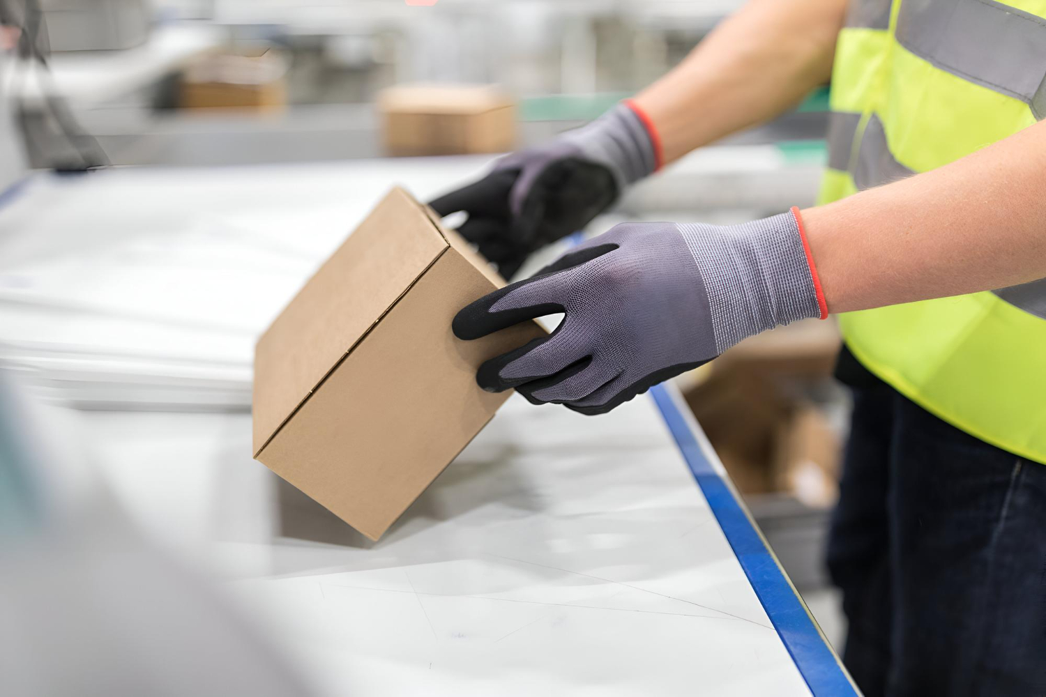 Alt text: Worker checking package with gloves.