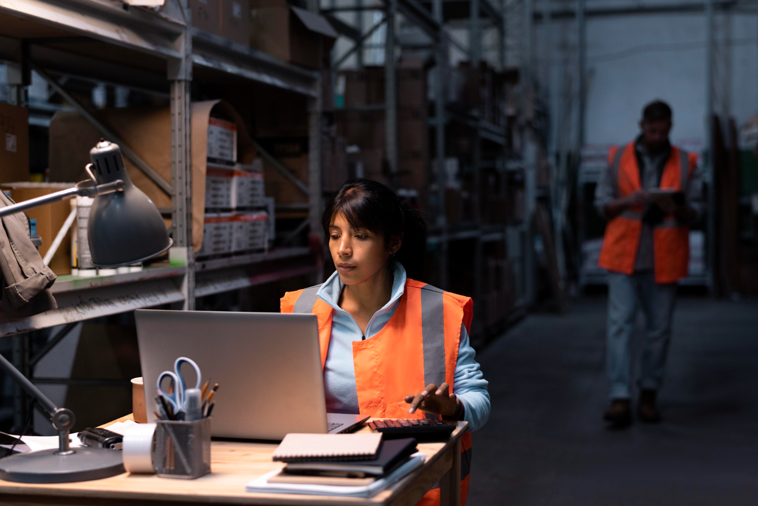 Alt text: Young woman working on her laptop in a warehouse.