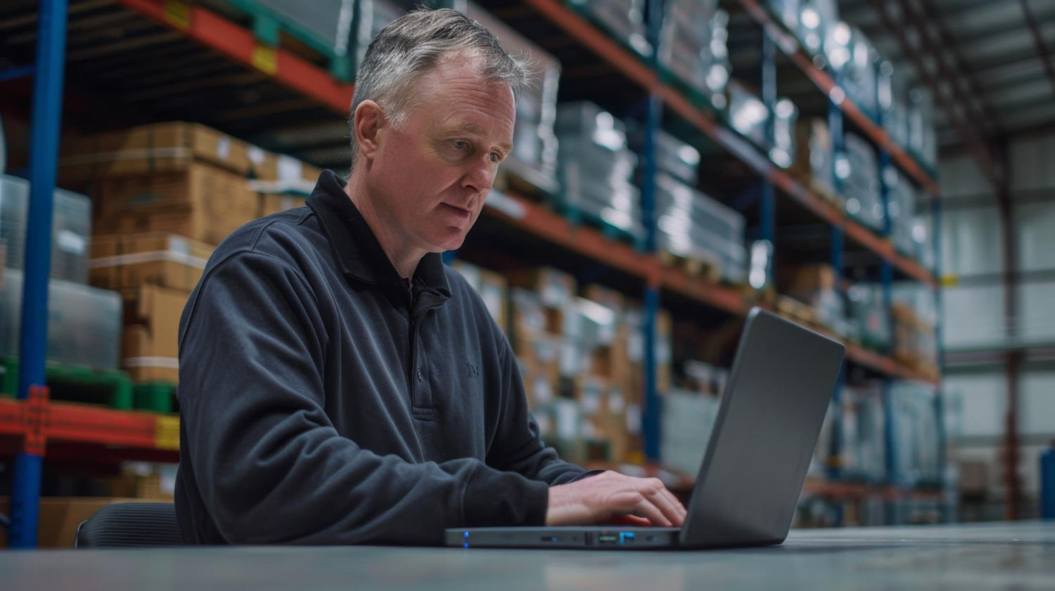 Alt text: Manager working on laptop at warehouse