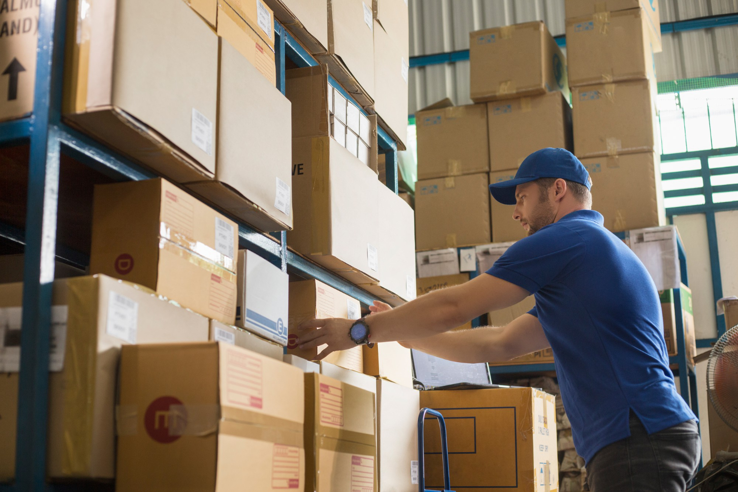 Alt text: A warehouse worker is pulling out a package from a shelf full of shipments.