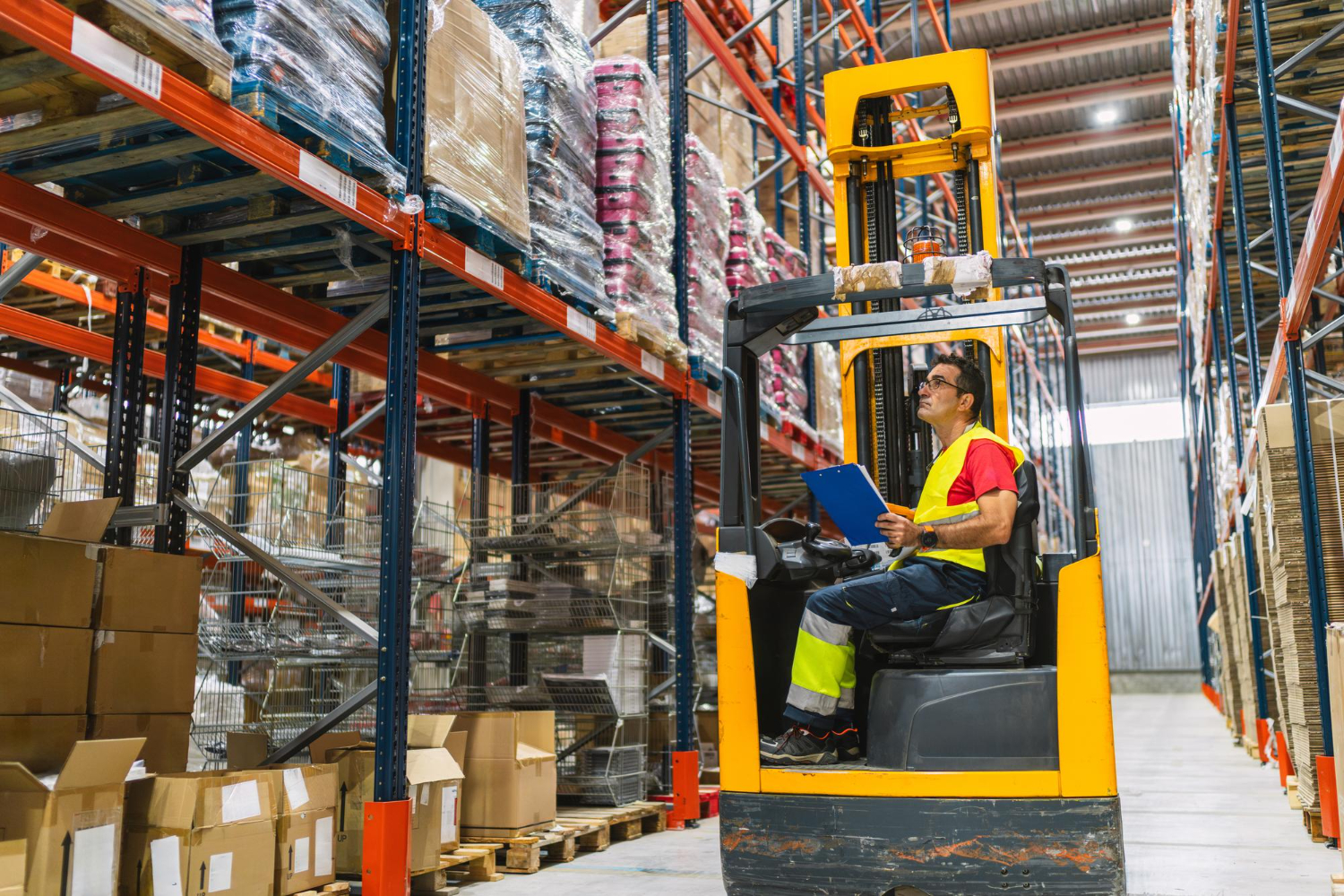 Alt text: A forklift is manned by a warehouse worker who is checking shipments stored inside the warehouse.