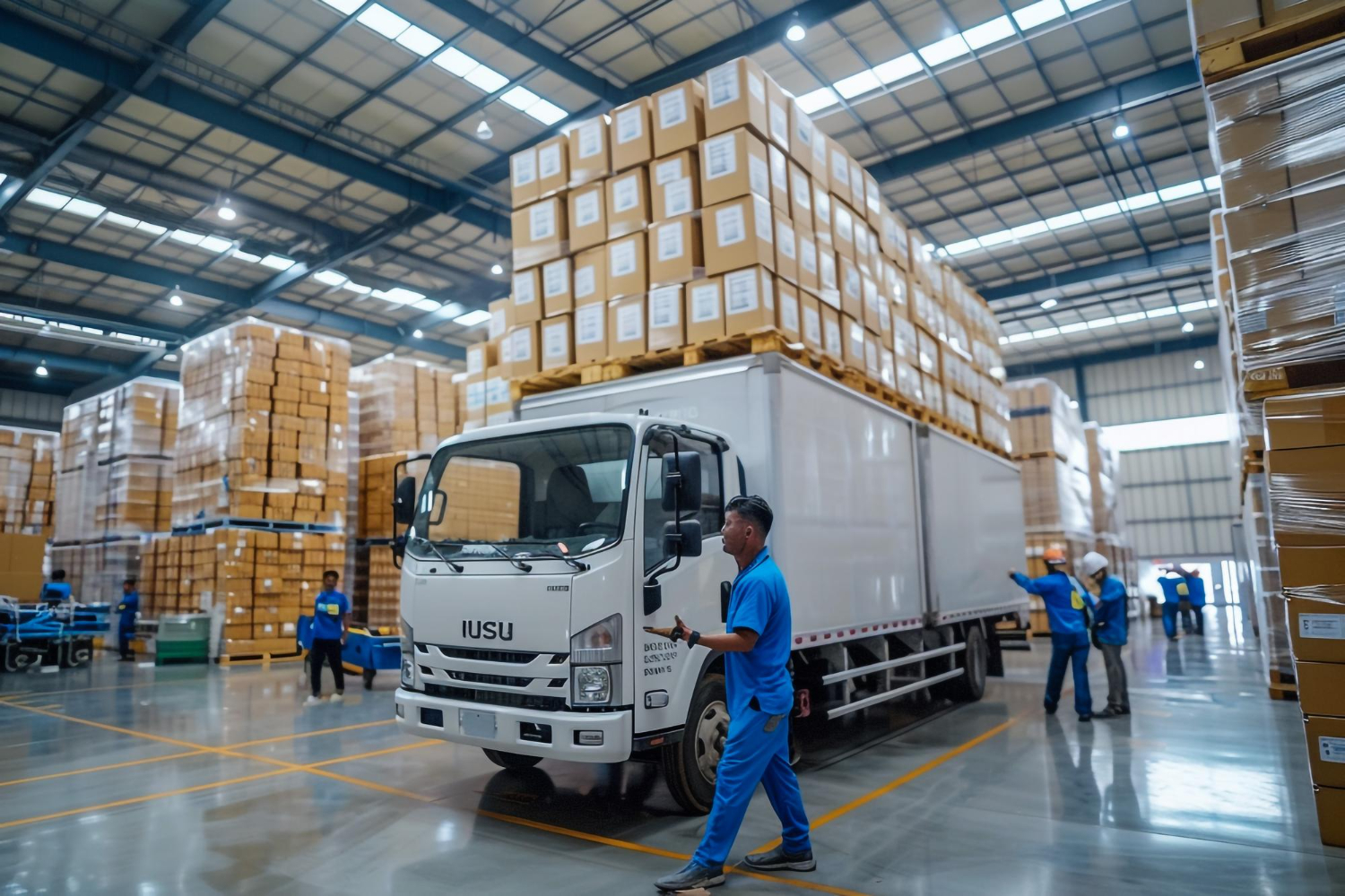 Alt text: A delivery truck is parked inside a warehouse full of shipments.