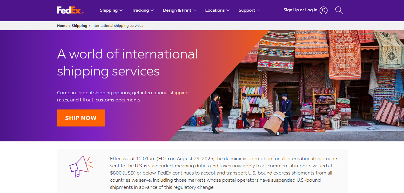 Alt text: FedEx International webpage