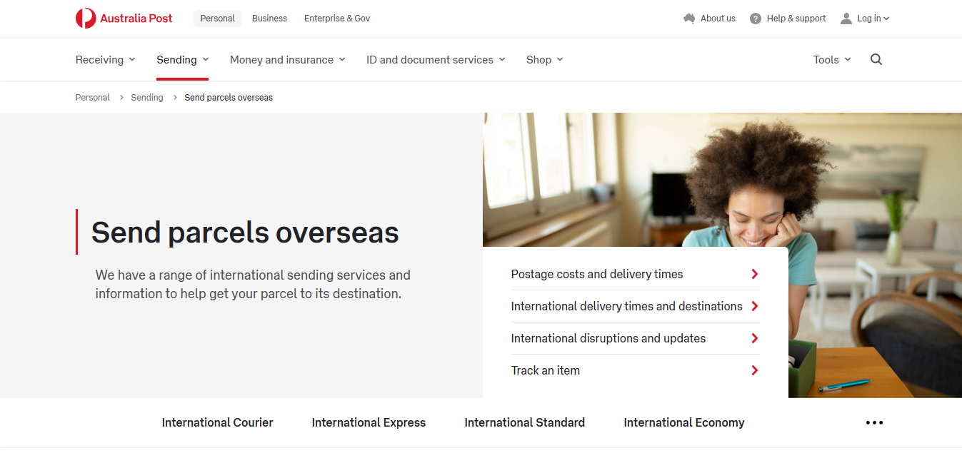 Alt text: Australia Post International webpage