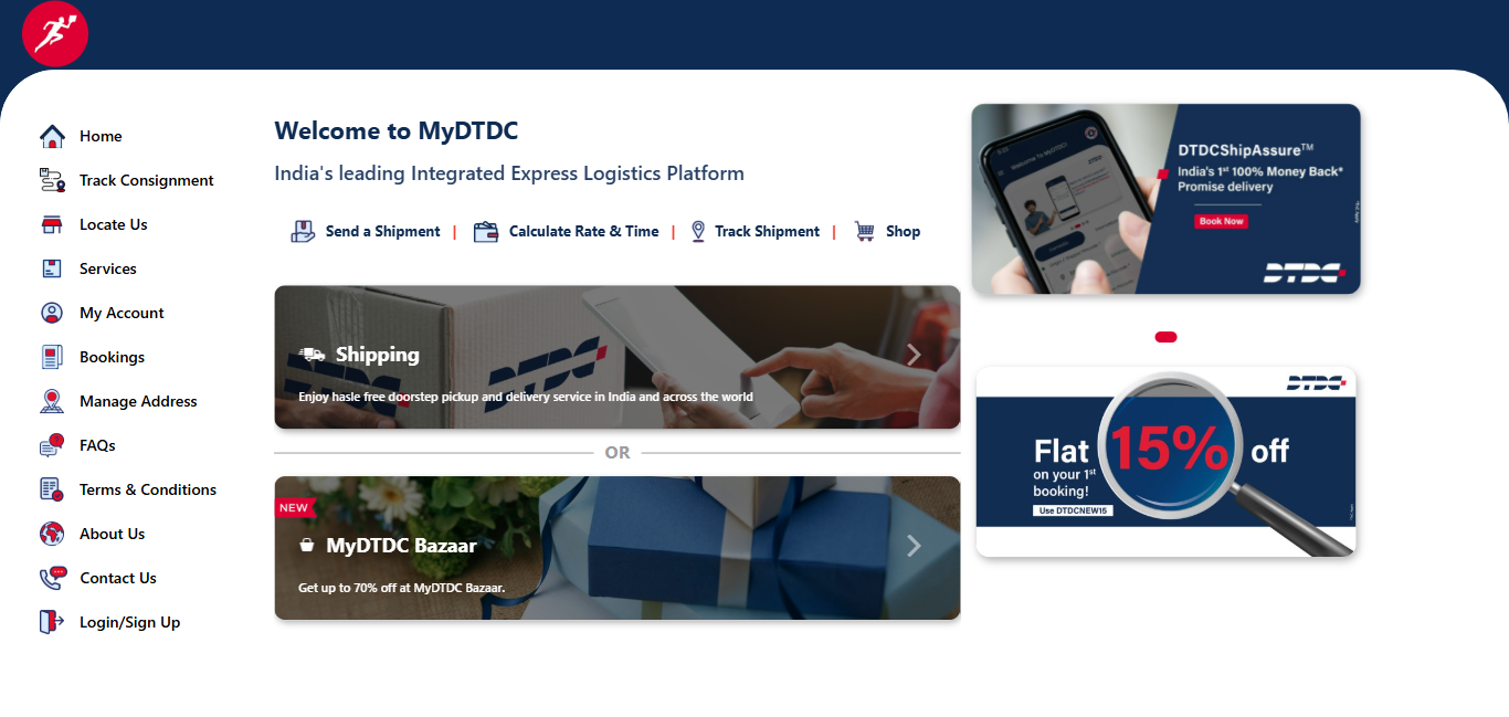 Alt text: DTDC Homepage