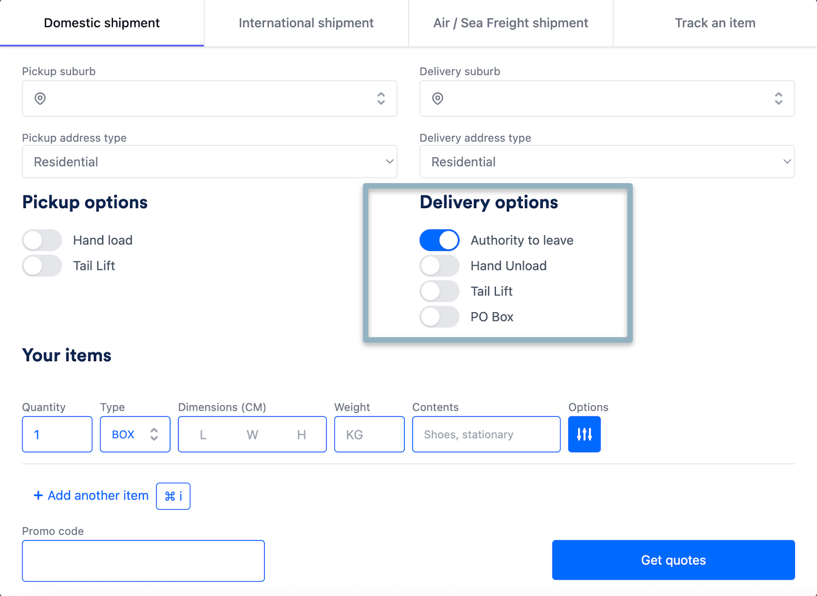 Alt text: Authority to Leave option in Couriers & Freight booking page