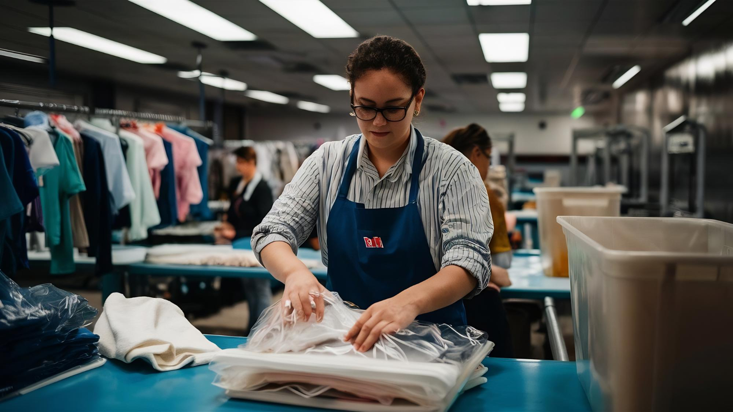 Alt text: A woman working in a clothing factory is packing up a set of clothes.