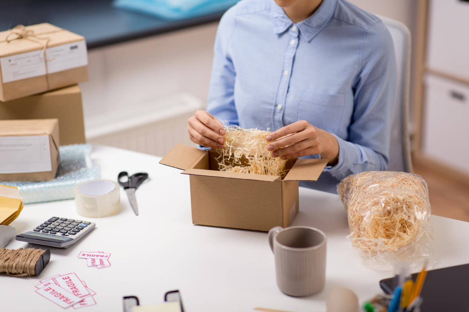 Alt text: Person packing a cardboard shipping box with eco-friendly shredded paper filler at a desk, surrounded by packaging supplies such as tape, labels, and twine.