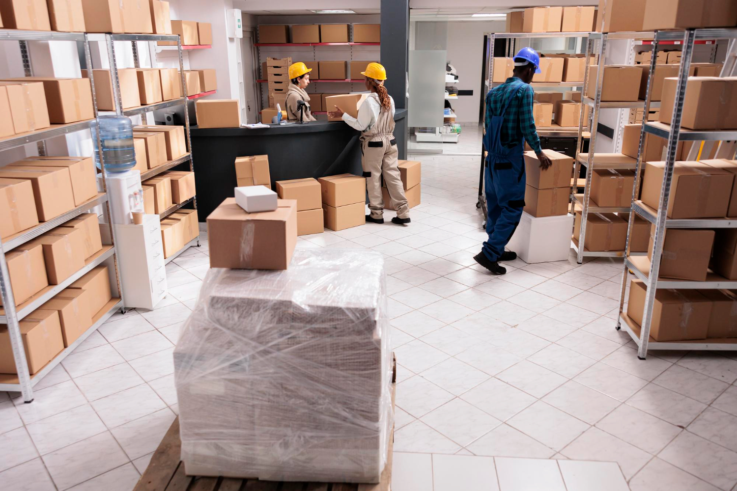 Alt text: Warehouse workers handling parcels and organising boxes on shelves for shipping and fulfilment.