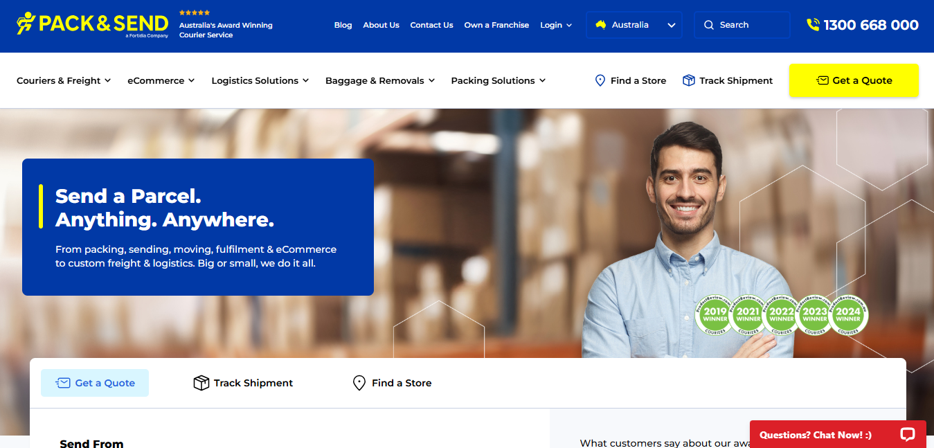 Alt text: Pack & Send Homepage