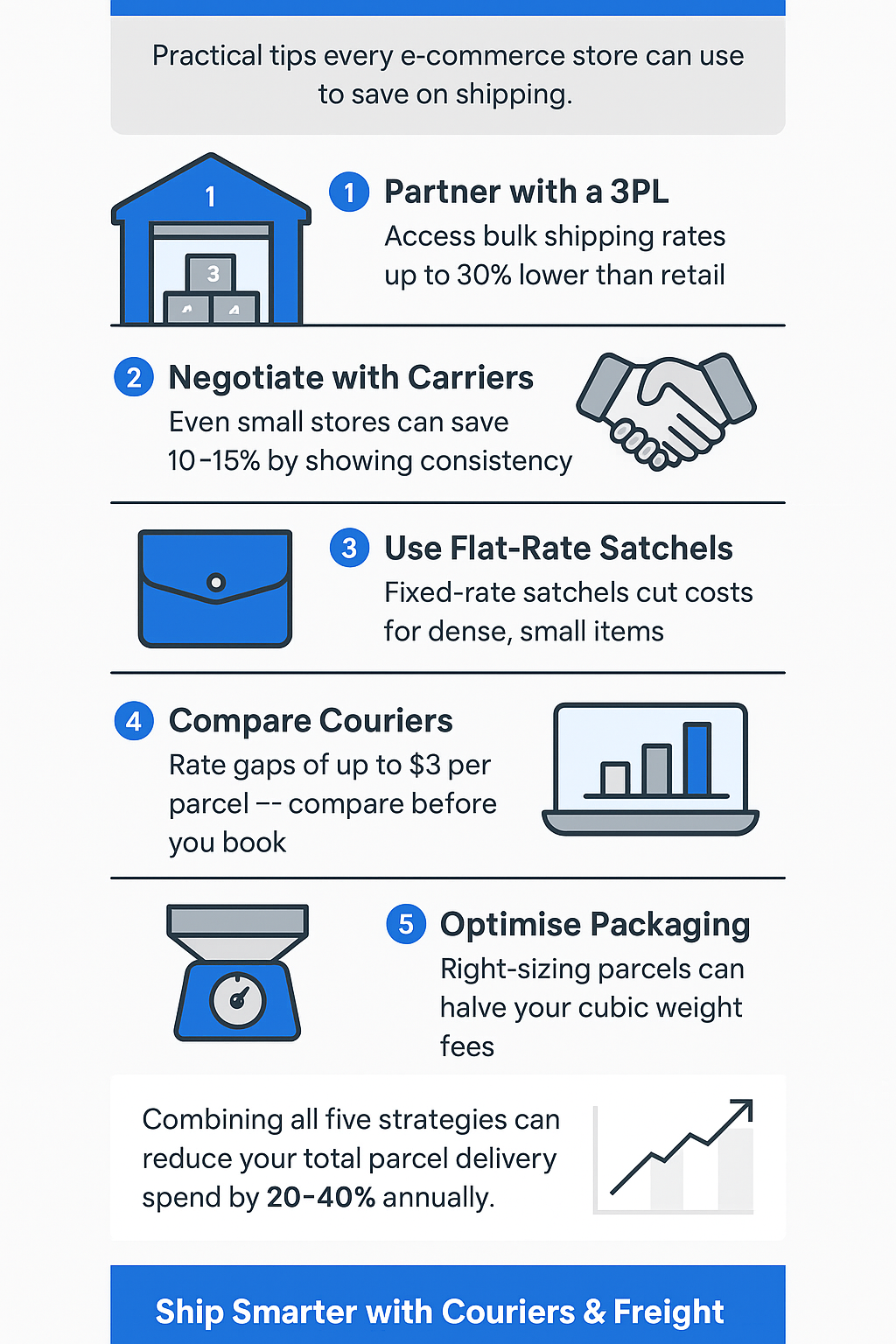 Infographic titled ‘5 Ways to Cut Parcel Delivery Costs in Australia’ showing five tips for e-commerce businesses: partner with a 3PL, negotiate courier rates, use flat-rate satchels, compare multiple carriers, and optimise packaging. Designed in Couriers & Freight’s blue and grey brand colours with a satchel icon replacing the envelope, it highlights how combining these methods can reduce shipping costs by 20–40% annually.