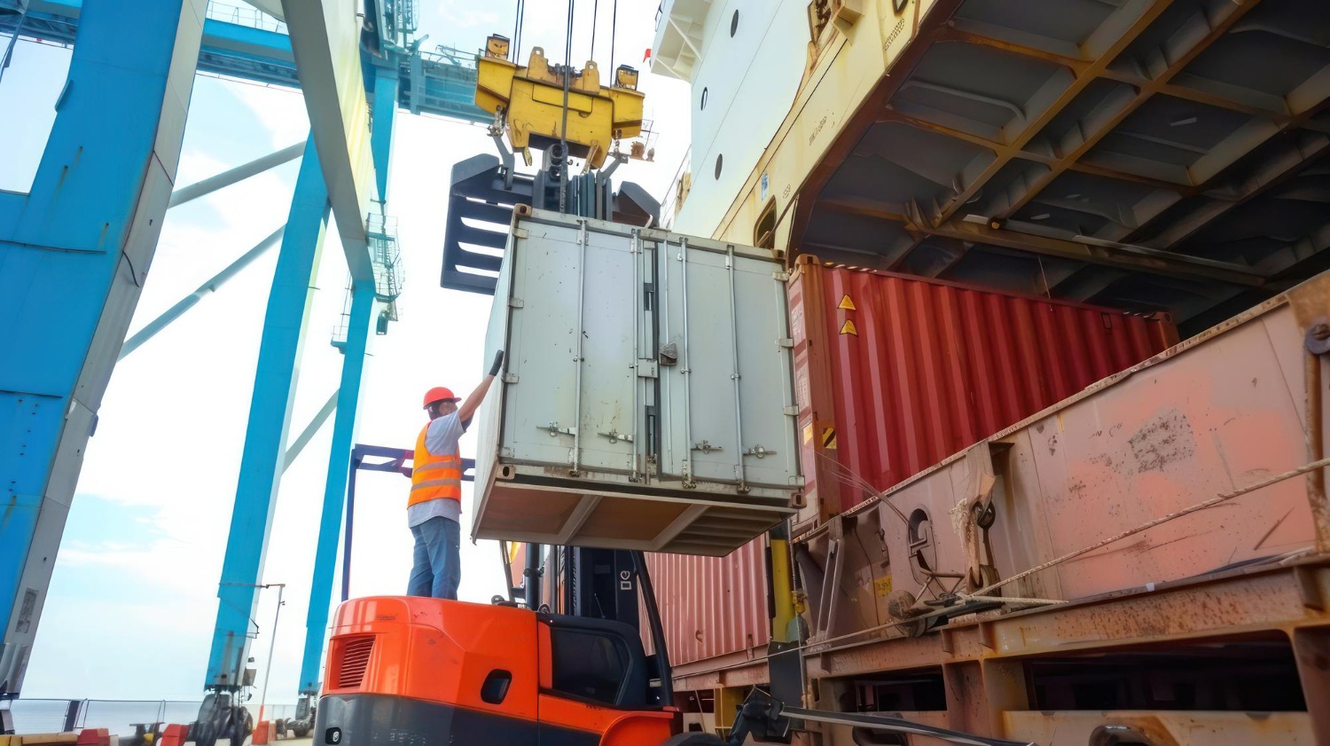 Alt text: A dock worker is helping a crane move a shipping container into a ship.